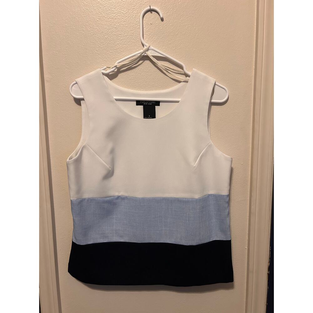 Perceptions Women Sectioned Blouse (White, Columbia, Navy) | Size 8 | Excellent